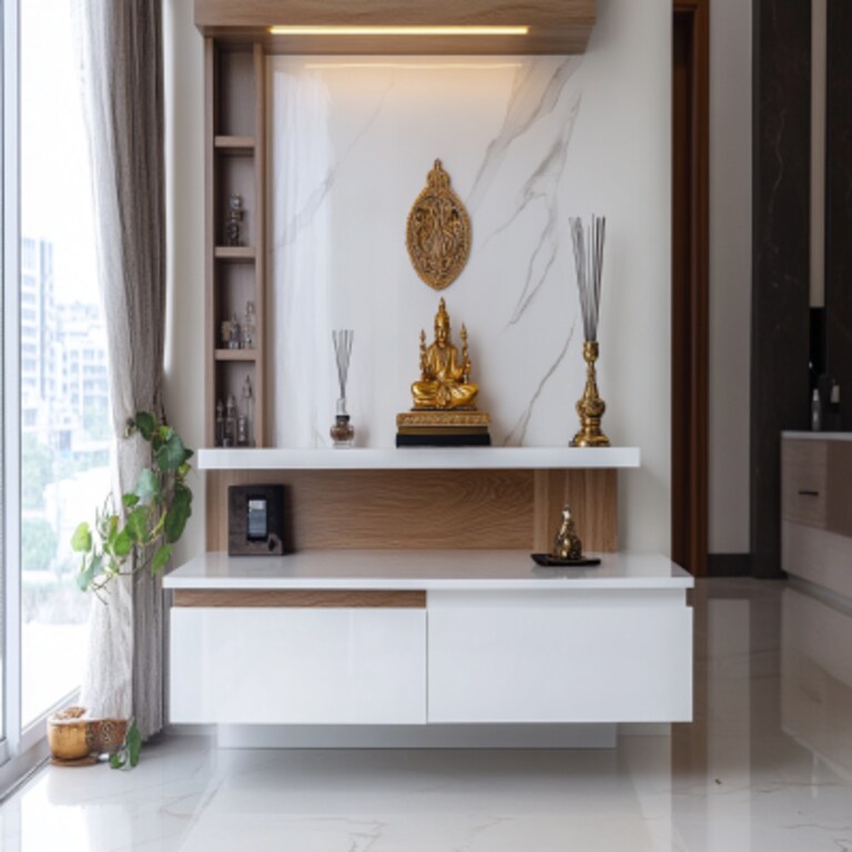 Modern White Pooja Room Design with High Gloss Laminate Storage